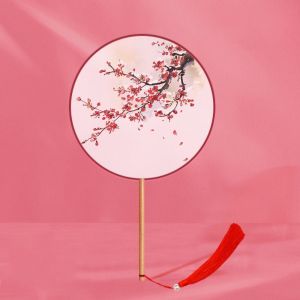 EO4MD Chinese Style Round Hand Fan Ink Painting Ancient Dance Silk Fan Decorative Fans with Tassel Embroidery Fan for Hanfu