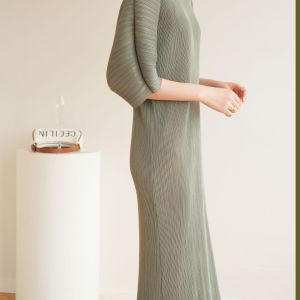 Miyake V Neck Bow Tie Pleated Dress Women Pleated Dress Quality Free Size #2950