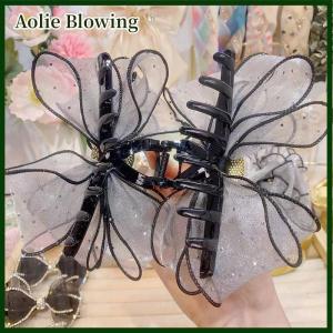 Aolie Korean Style Mesh Bow Rhinestone Hair Claw Vintage Elegant Hair Clamp Hairpin Shark Clips For Women Fashion Hair Accessories