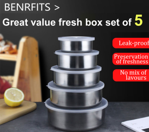 5 Pcs Stainless Steel Fresh Bowl Colorful Kitchen Food Storage Mixing Bowls Round Sealed Bowl With Lid Simple Tableware