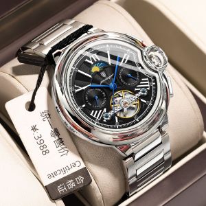 Swiss brand POEDAGAR mechanical automatic watch for men tourbillon waterproof new luxury stainless steel calendar wristwatch