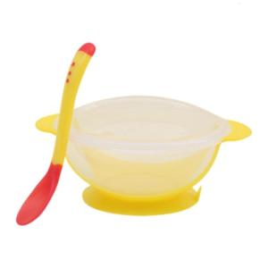 Silicone Suction Bowl and Matching Spoon Set Long Handle Design For Baby Over 6 Months Encourages Independent Eating