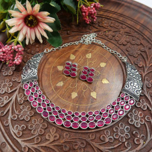 New Ethnic Brass with Silver Black Polish - Silver Replica Choker | indian choker