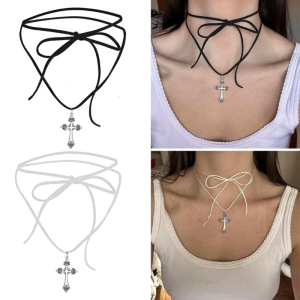 Delicate Cross Pendant Choker Cross Tie Choker Cross Strap Necklaces Alloy Material Religious Gift for Woman