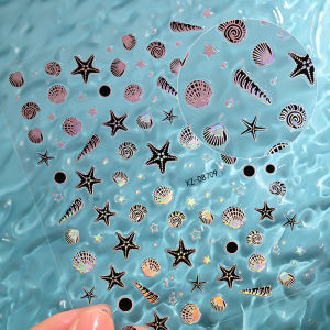 ZEEMIN  12pcs Rainbow Black Y2k Sea Nail Art Sticker 3D Conch/Starfish/Mermaid Nail Slider 10*8CM Summer Beach Ocean DIY Manicure Decals