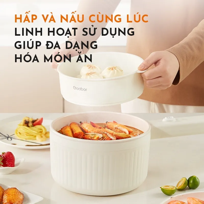 Nồi điện đa năng 2L Gaabor, vân đá chống dính kèm xửng hấp, công suất 600W Chính hãng:5895