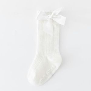 Christmas Toddler Baby Girls Bowknot Sweet Princess Socks Cotton Knee Socks High Long Sock Solid Color Striped Stockings For 1-3 Years Old (White/Pink/Red)