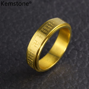 Kemstone Fashion Retro Stainless Steel Rotational Buddhism Scriptures Ring Mens Jewelry Gift