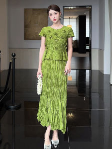 Handmade Unique Design Womens Pleated Two-Piece Set - Embroidered Short Sleeve Stretch T-Shirt & Versatile Outfit #20252054