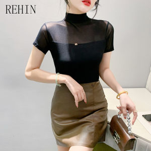 Rehin Áo thun ngắn tay mới mùa hè Áo nữ thanh lịch dáng ôm dáng mỏng thời trang lưới cổ cao màu trơn
