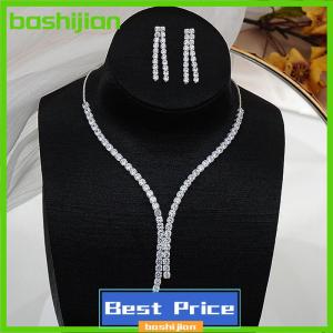 bashijian 2Pcs Simple Geometric Zircon Necklace Earrings Kit For Women Wedding Bride Jewelry Set Accessories Gift
