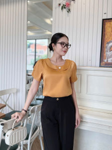 Áo sơ mi nữ kiểu tay ngắn kiểu cổ tròn  phong cách Hàn Quốc dễ phối đồ thanh lịch sang trọng chất liệu MANGO ..