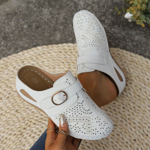 [Free Shipping] Baotou Half-Slipper Style Lace-Up Wedge-Heeled WomenS Sandals Plus-Size With Cut-Out Design Thick Sole And Non-Slip Features