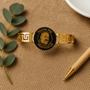 Lunara Greek Key Stainless Gold-Plated Bangle with Matte Medallion