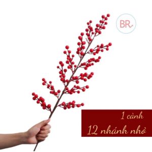 Cành đào đông đỏ 12 nhánh nhánh đào đông trang trí tết cherry loại 1 cao cấp cành điểm nhũ vàng