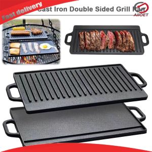 Cast Iron Double Handle Griddle Pan with Non-Stick Coating for Easy Cooking of Breakfast Steaks and Grilled Bread