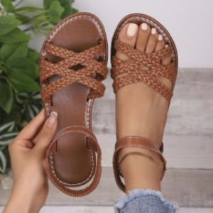 Free Shipping Plus-Size New Woven Strap Flat Sandals For Women Available In White Black And Brown With A Flat Toe Design