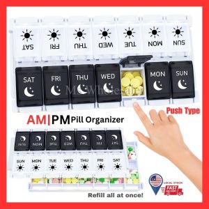 LOCAL STOCK Bekas Ubat Pil 7 Hari Day Pill Box Organizer 2 Times a Day AM PM Weekly Medicine Pill Container Case Push Button Type Pop Open Design Rainbow Black White