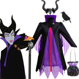 Halloween Costume Girls Cartoon Maleficent Cosplay Dress Children Fancy Witch Disguise Robe Carnival Devil Queen Dot Tulle Frock