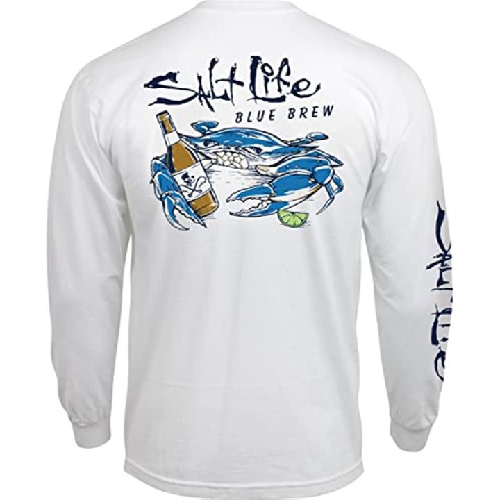 Salt Life Men's Blue Brew Crab Long Sleeve Crew Neck Tee Long Sleeve Fishing  Shirt High Performance Fishing Sun Protection UPF50+