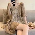 Somi RTW V-neck Side Drawstring Hollow Out Crochet Cover Up Oversize Knitted Beach Top M1328. 