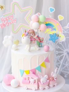 Unicorn Girl Cake Topper Happy Birthday Decoration Rainbow Wedding Cupcake Toppers Baby Shower Party Favors Baking Accessories