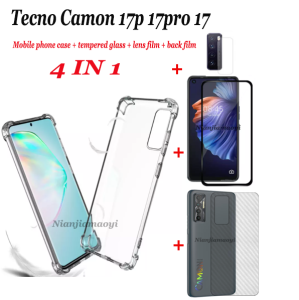 4in1สำหรับ Tecno Camon 17P/17pro ถุงลมนิรภัยใสป้องกันการตกเคสโทรศัพท์ + ฟิล์มนิรภัยแบบเต็มหน้าจอ + บอร์ดคาร์บอนไฟเบอร์ + ฟิล์มกล้องกล้องกล้องวีดีโอ17ป้องกันหน้าจอฟิล์มนิรภัย Camon 17P