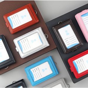 HOLLYII 5 Slots ID Tag Badge Holder Buckle Leather Flip Chest Card Bag Simple with Lanyard Employee Pass Work Card Case Office Worker