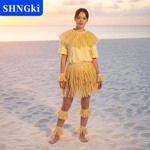[COD] 🔥🔥🔥SHNGki 80cm Hula váy thiết lập cho người lớn tự nhiên Raffia Hawaii trang phục với tay dây đeo cổ tay cho bãi biển nhiệt đới tổ chức sự kiện