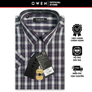 OWEN SALE -  Tay Ngắn Màu Navy - Trắng - Đỏ  Họa Tiết Caro Form Body Fit Lai Ngang Chính Hãng