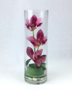 OrientalFineArt แจกันดอกไม้ประดิษฐ์ ตกแต่งบ้าน Artificial Cymbidium orchid in glass ดอกกล้วยไม้ซิมบิเดียมพร้อมแจกันแก้วทรงสูง