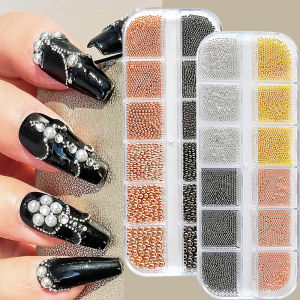 ZEEMIN 12Grids 1000pcs Silver Gold Mini Nail Caviar Beads Nail Charm with Magnetic Pen Metal Nail Tiny Ball Bead Nail Stud Y2k Nail Dec