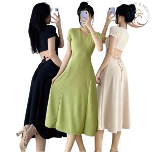(S/M) Summer Midi Dress: Backless Short Sleeve Princess Shape Casual Korean Style (Black Light Beige Green)