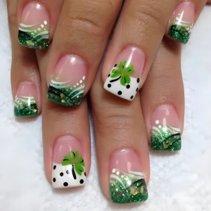 24 Pcs Saint Patricks Day Press On Nail Glittering False Nail Shamrocks Acrylic Nail French Tip Stick on Nail