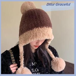 Ditur หมวกบีนนี่ขนปุยสำหรับผู้หญิงหมวกไหมพรมปอมปอมปอมขนาดใหญ่ให้ความอบอุ่นในฤดูหนาวหมวกป้องกันหูสำหรับผู้หญิงเล่นสกีหิมะกันลม