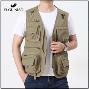 FUGUINIAO Mens Vest Jacket Multi-pocket Photographer Mesh Outdoor Tactical Outfit for Fishing
