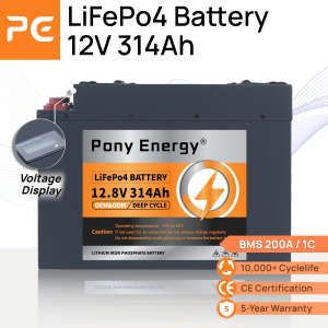 Pony Energy 12V 314Ah LiFePo4 Battery Voltage Display& Stainless-Steel Casing Intelligent BMS Series-Connectible Stainless Steel Case Lithium Iron Phosphate Battery