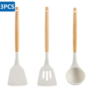 HomeAce Wooden Handle Slotted White Color Non-Stick Food Grade Silicone Kitchen Utensils