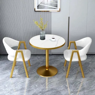 Luxury Round Dining Table Set with 2 Chairs Gold Frame Marble Top Leisure Table and Chair for Home Cafe Balcony Living Room