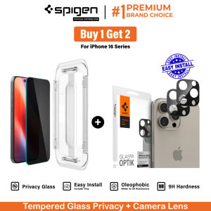 [BUY 1 GET 2] Tempered Glass iPhone 16 15 Series Pro Max Plus Spigen EZ Fit Privacy Anti Spy + Camera Lens Protector Spigen Optik Pro Black