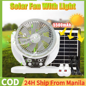 6-Inch Solar Camping Fan With Light Multi-Function Solar Fan Built-In Battery 5500mAh Electric Fan USB Rechargeable Portable Fan Outdoor Desktop Fan With 2 Led Bulb Light Solar Panel For Outdoor Travel Home Office