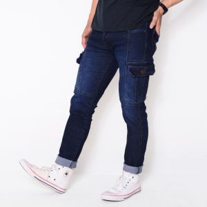 Celana Pria Cargo Jeans Slimfit Pants Pocket Washing Cowok Basic Blue Navy Denim Premium Terbaru 2024