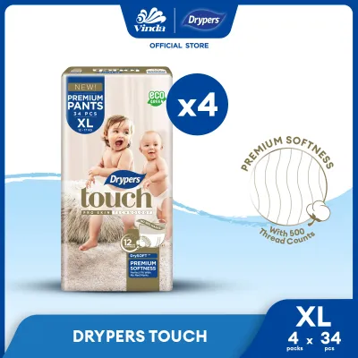 Drypers Touch Pants Baby Pants Diapers M44/ L38/ XL34/ XXL 30 (4 Packs) - Super Soft & 12hr Dryness
