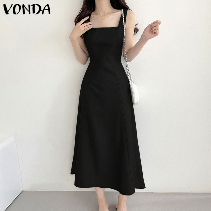 VONDA Women Elegant Party Vacation Daily Casual Square Neck Dresses  Sleeveless Solid Color Black Dress #0811