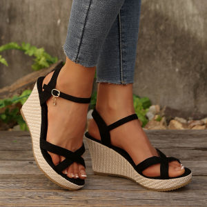 [Free Shipping] Casual Roman Wedge Sandals for Women 2026 Summer New Versatile High-Heeled Elegant Buckle Strap Sandals