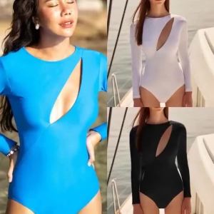 Womens Long Sleeve Sun Protection Swimsuit - Zipper Front Plain Black & White Surf Swimwear