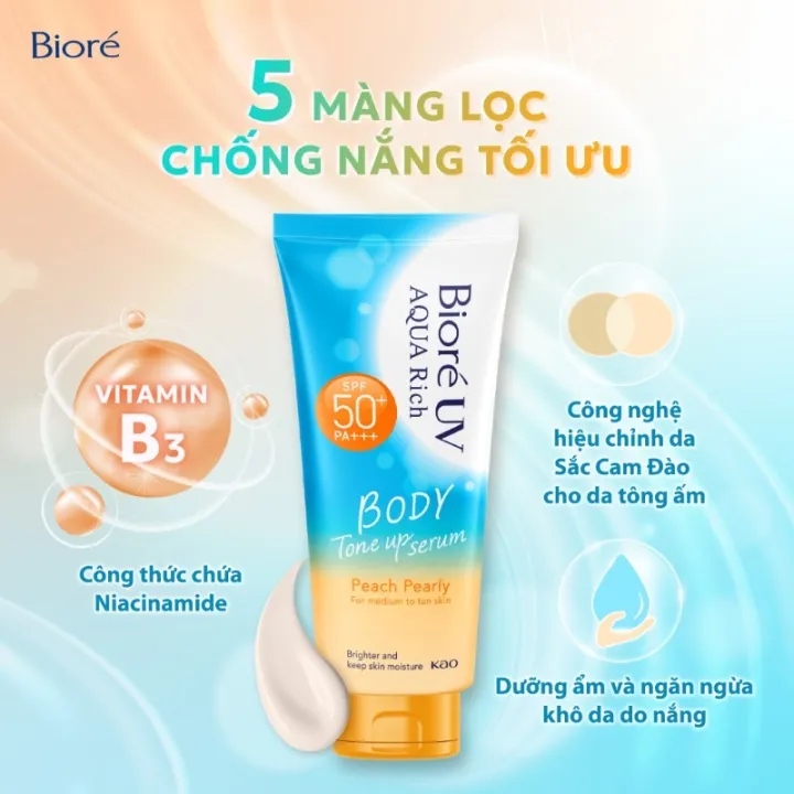 Biore UV Aqua Rich Serum Chống Nắng Dưỡng Thể Nâng Tông Peach Pearly 130ml