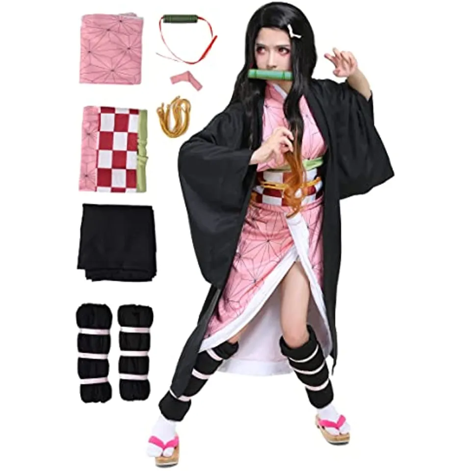 Halloween Womens Girls Kimono Cosplay Costume with Bamboo Nezuko