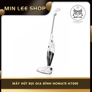 Máy hút bụi gia đình Homate H700E màu trắng với tay cầm dài và đầu hút phẳng.