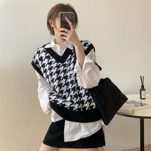 ROMPI JENNIE VEST KNIT HOUNDSTOOTH / VEST RAJUT WANITA ALA KOREA / ATASAN WANITA TRENDY KEKINIAN